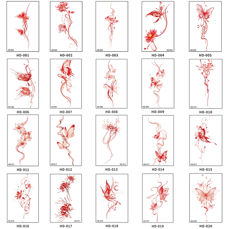 Red Retro Hand drawn Butterfly Flower Tattoo Stickers Art Photography Waterproof Temporary Tattoo Stickers