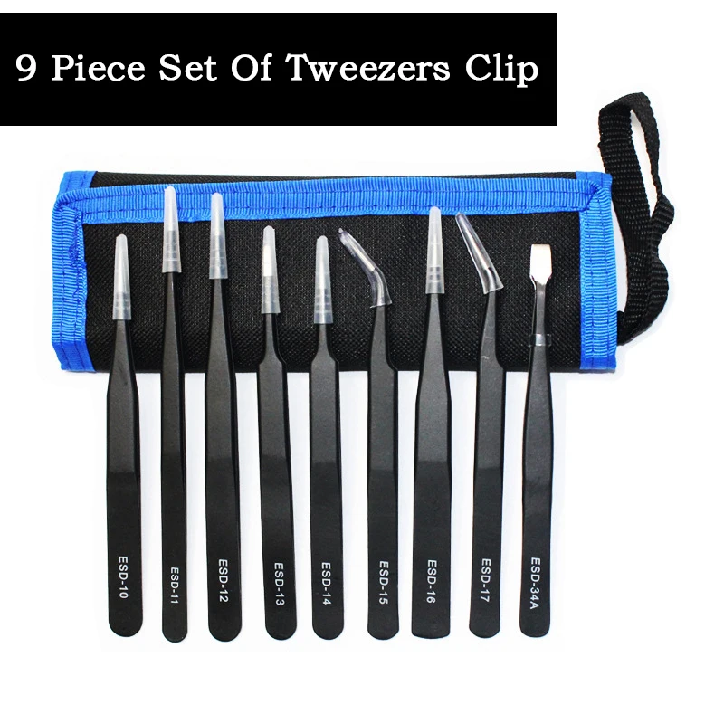 Wholesale Stainless Steel Pointed 9-piece Set Anti-static Beauty Tweezers Set Nail Tools Pointed Tweezers