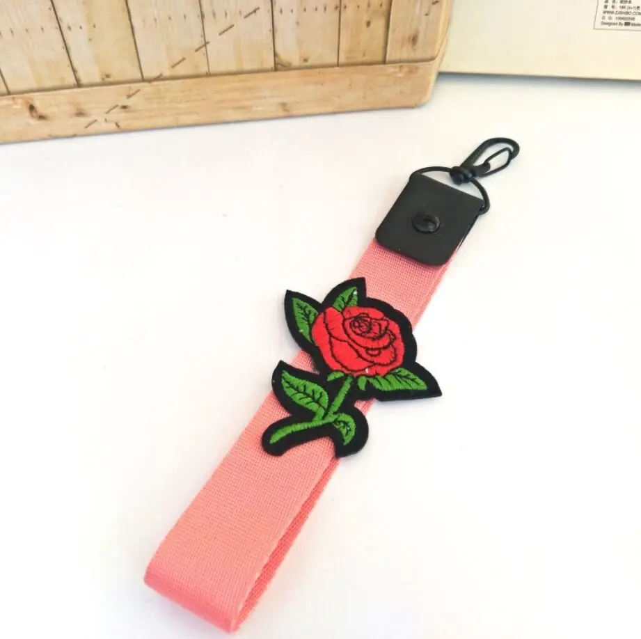 Korean Rose Flower Floral Woven Ribbon Embroidery Mobile Phone Rope Keychain Pendant,DIY Mobile Phone Strap Accessories Lanyards