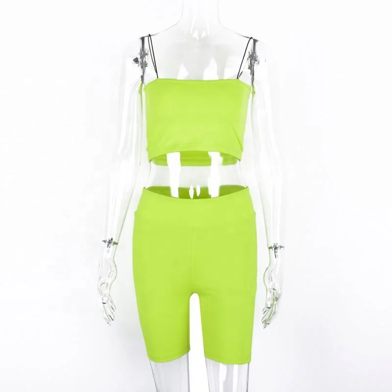 in-stock neon two piece crop top and running shorts set for women