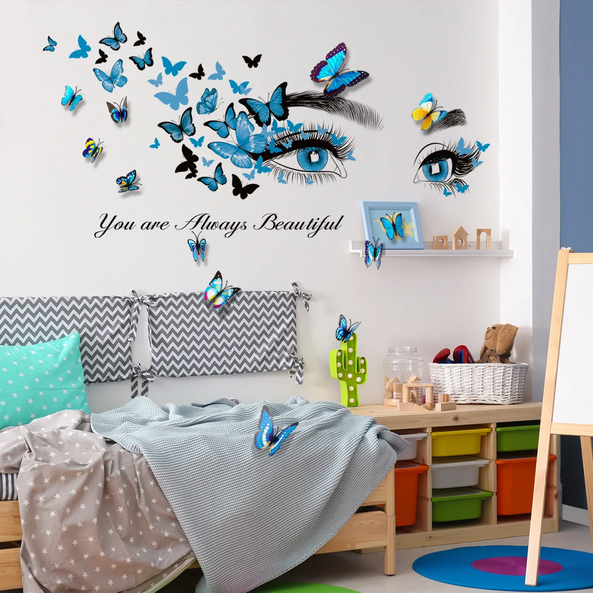 Simple Blue Beauty Eyes Flying Butterfly Wall Stickers Plus 12 3D Blue Butterfly Stickers Decorative Wall Stickers
