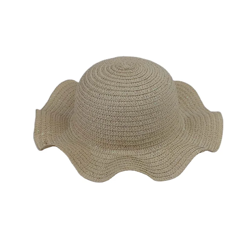 Fashion Summer Beach Boater Hat Solid Color Short Brim UPF UV Straw Hat With Golden Thread Flower Wavy Brim For Women Children
