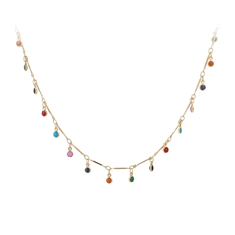 Boho Necklace With Tassel Chain Choker Women Single Layer Candy Color Small Ball Necklace
