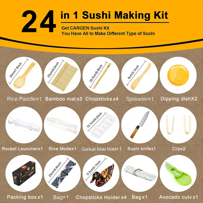New DIY Sushi Tools Bamboo Rolling Sauce Dish Round Sushi Cone 24-piece Nori Rice Set