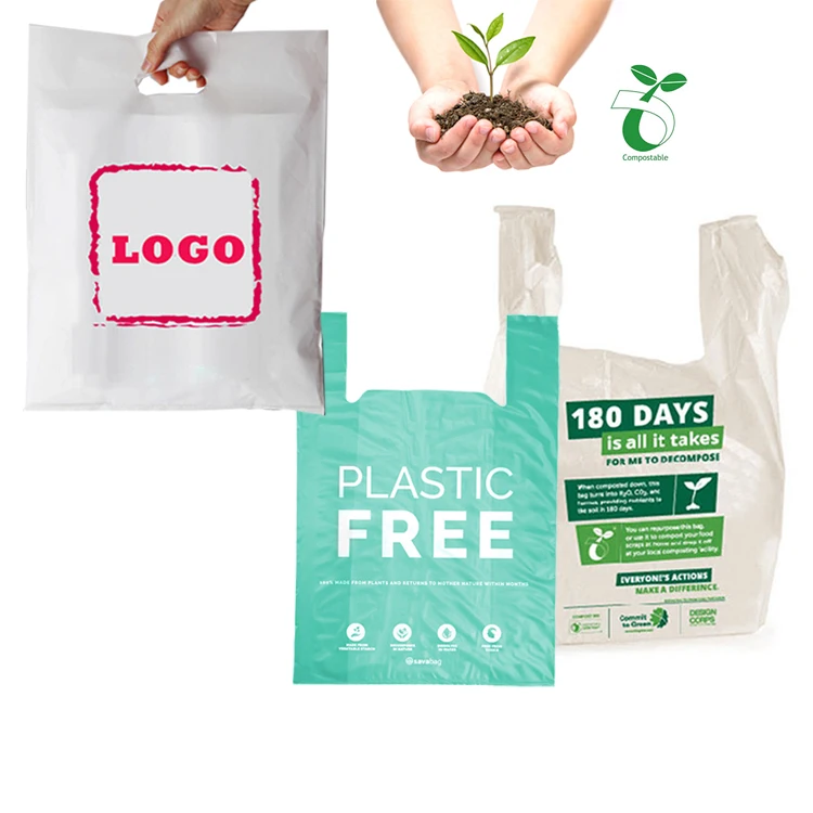 Экологически чистый биоразлагаемый пакет для покупок в продуктовых магазинах с индивидуальным принтом, биоразлагаемый пластиковый пакет для футболок на основе растений с логотипом