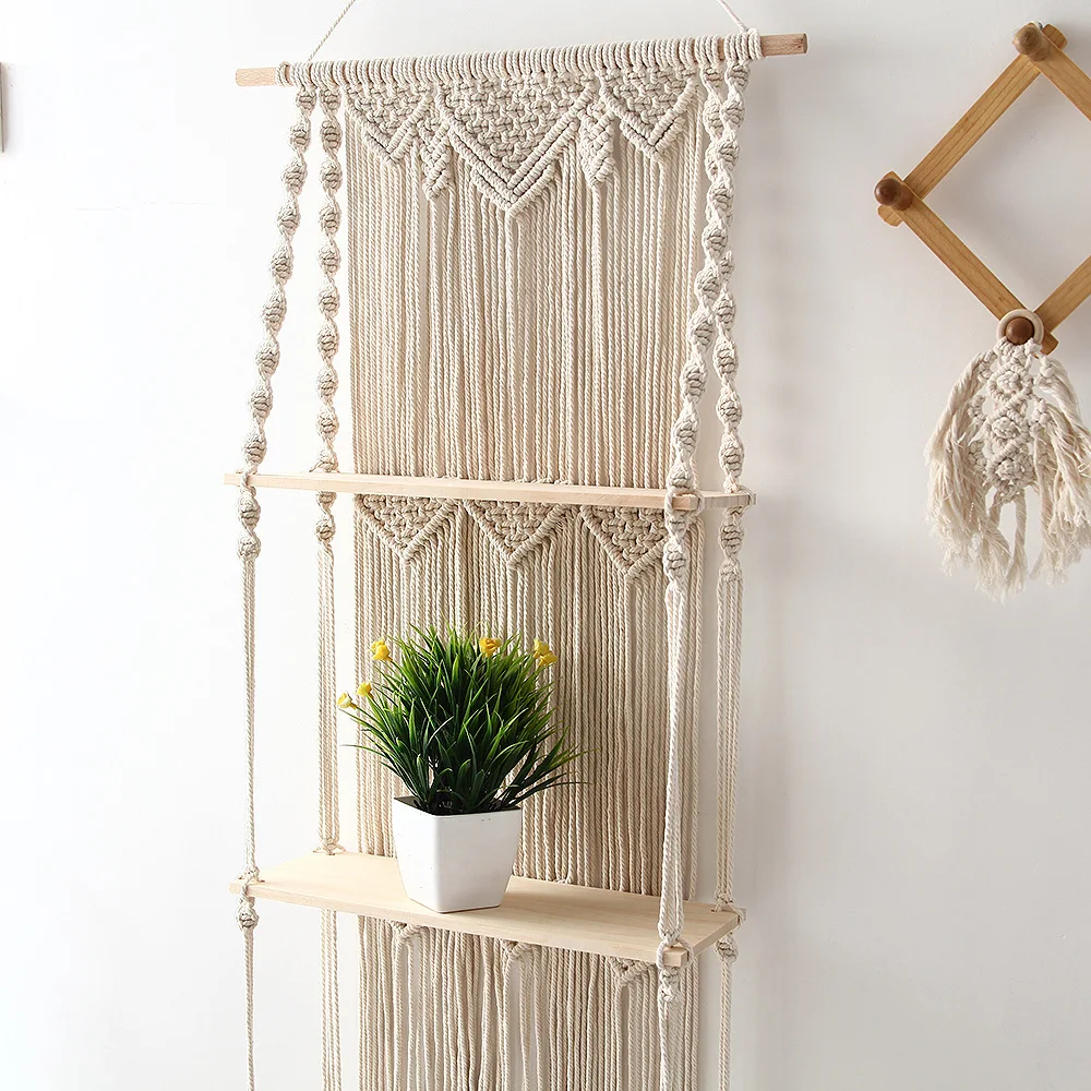 
3 Tiers Boho Floating Macrame Shelf Hanging Bohemian Handmade Rope Macrame Wall Hanging Decor 