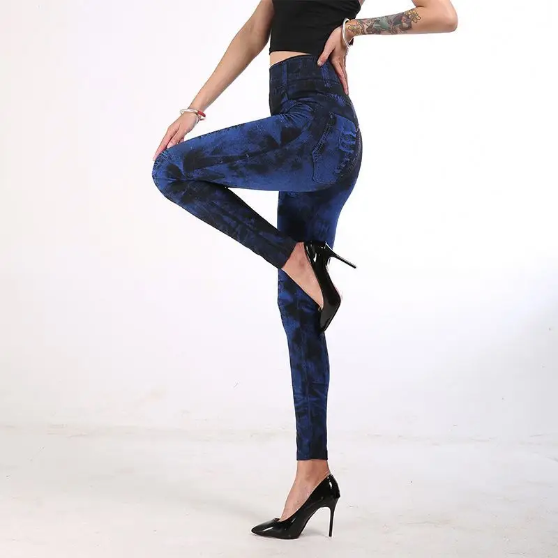 Wholesale Fashion New Women Girls fake ripped printed High Elastic Leggings Slim ladies Pants Clothes Casual