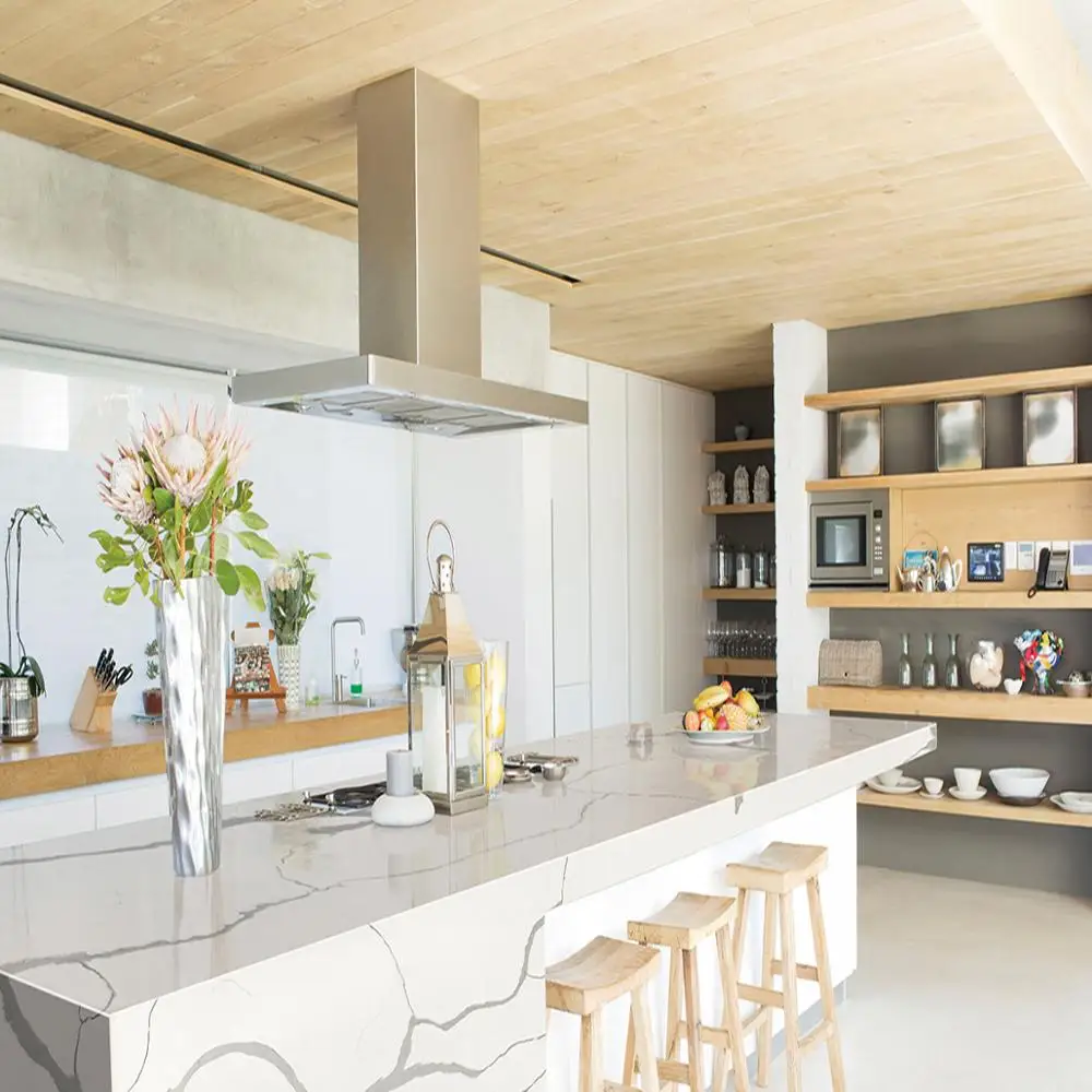 Quartz Stone Slab Kitchen Countertop Black with White Veins