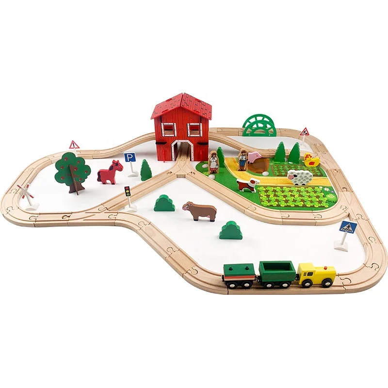 77pcs Wooden Train Set Kids Children Fun Road Crossing Farm Track Set Wooden Toys Kids Stimulation Car Toys