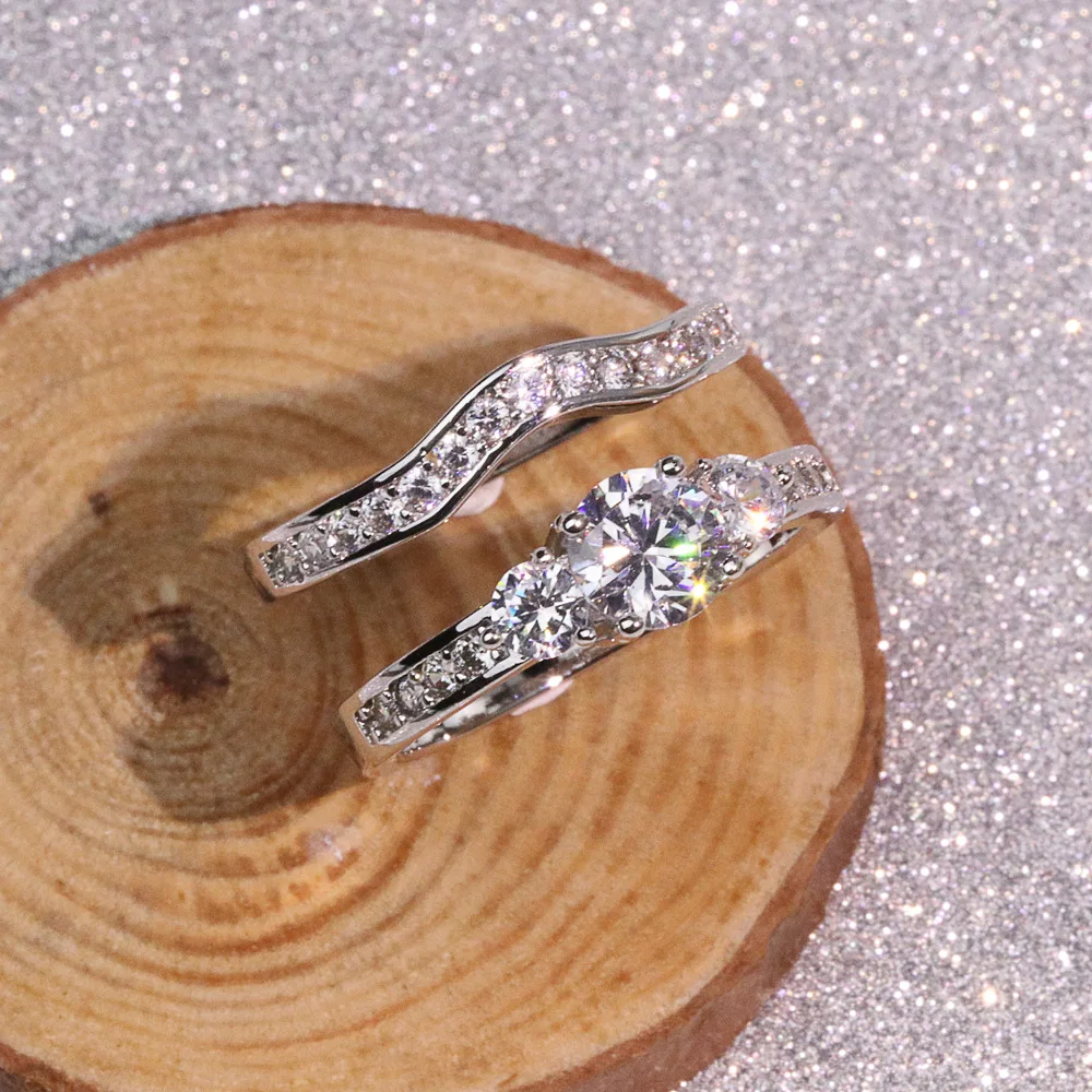 Accept Custom Silver Sterling 925 Top Quality Luxury 2pcs/set Gemstone CZ Diamond Ring Set Wedding Party Rings For Women B2445