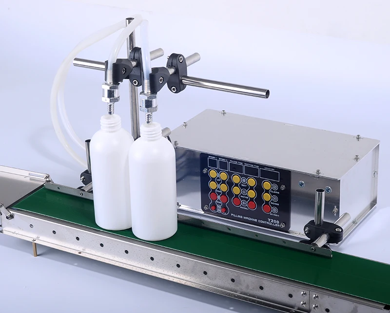 Alcohol Hand Sanitizer Gel Dispenser Diaphragm Pump 2 Nozzles Liquid Filling Machine With Conveyor and Guardrail