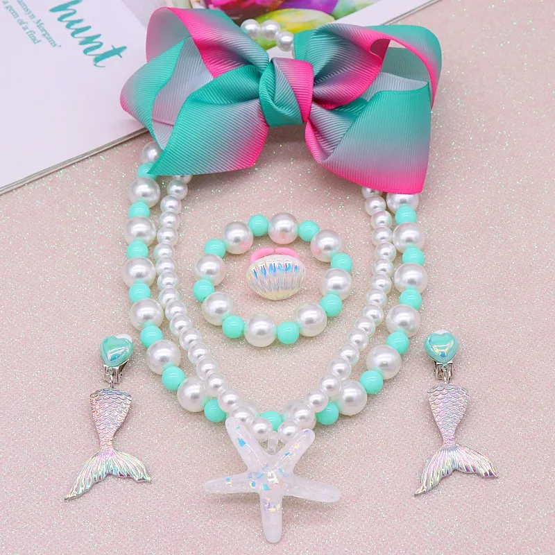 Kids Necklace Bracelet Ring Ear Clip Set Cute Starfish Necklace Girls Jewelry Set