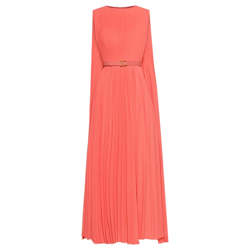 
2021 Spring Round O Neck Sleeveless Lace Up Waist Full Body Pleated Cloak Long Dress 