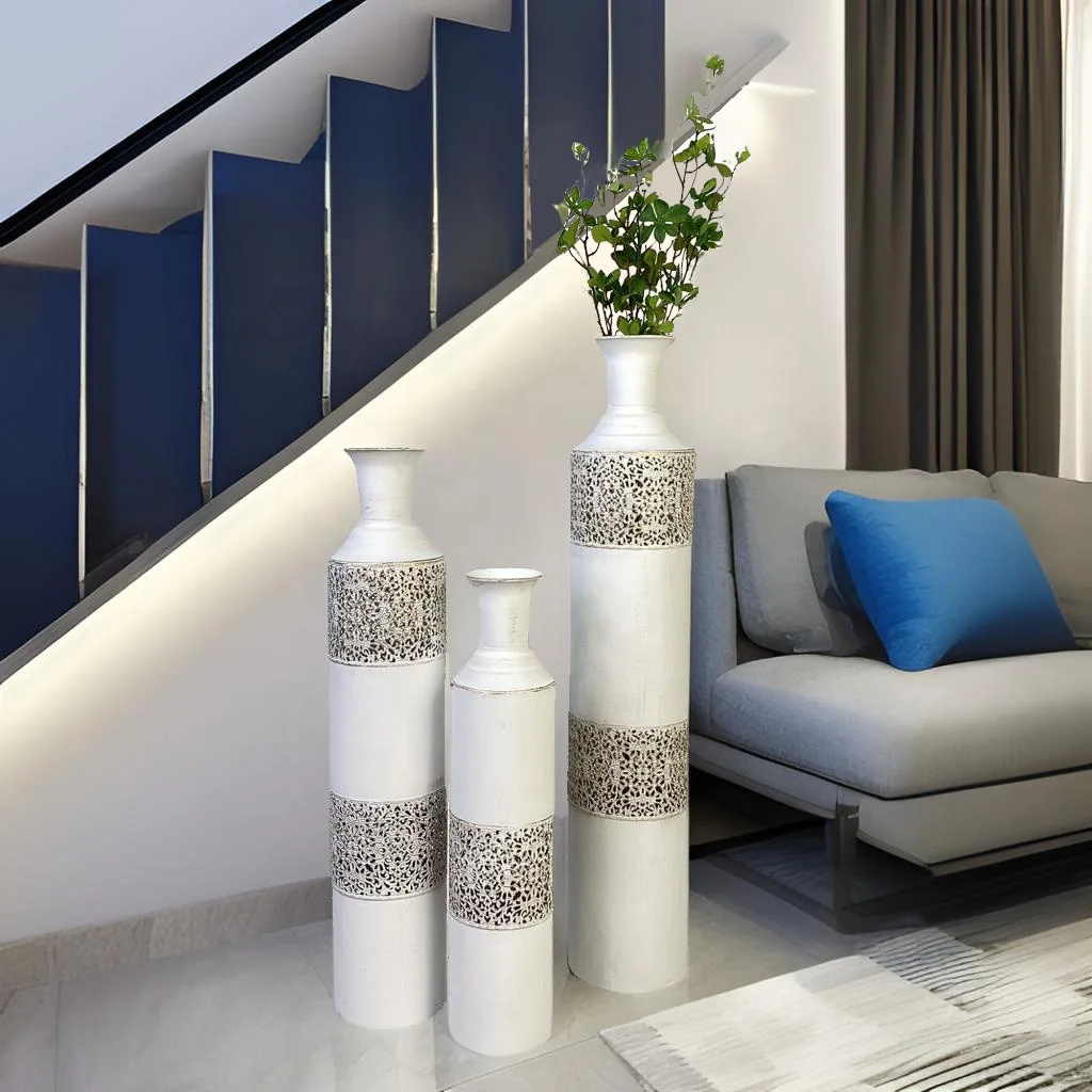 Lander Decorative Vintage Extra Large Metal Flower Vase Set of 3 Big Floor Tall White Vases for Home Decor Living Room
