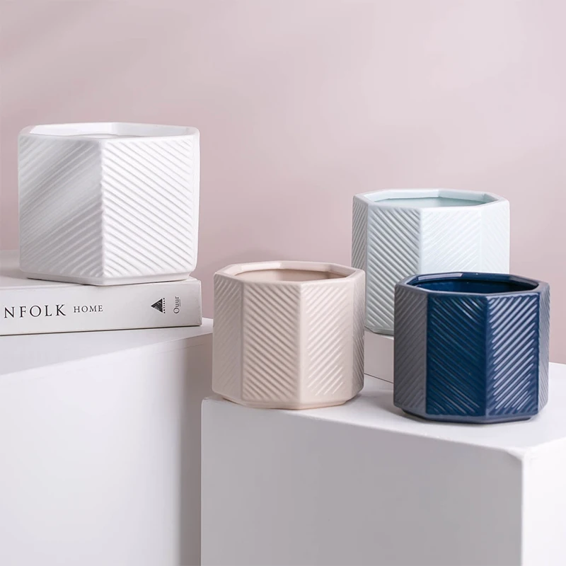 YUANWANG Nordic Style Stripe Printing Plant Flower Pots & Planters Garden Decor Ceramic Pots Bonsai Pot