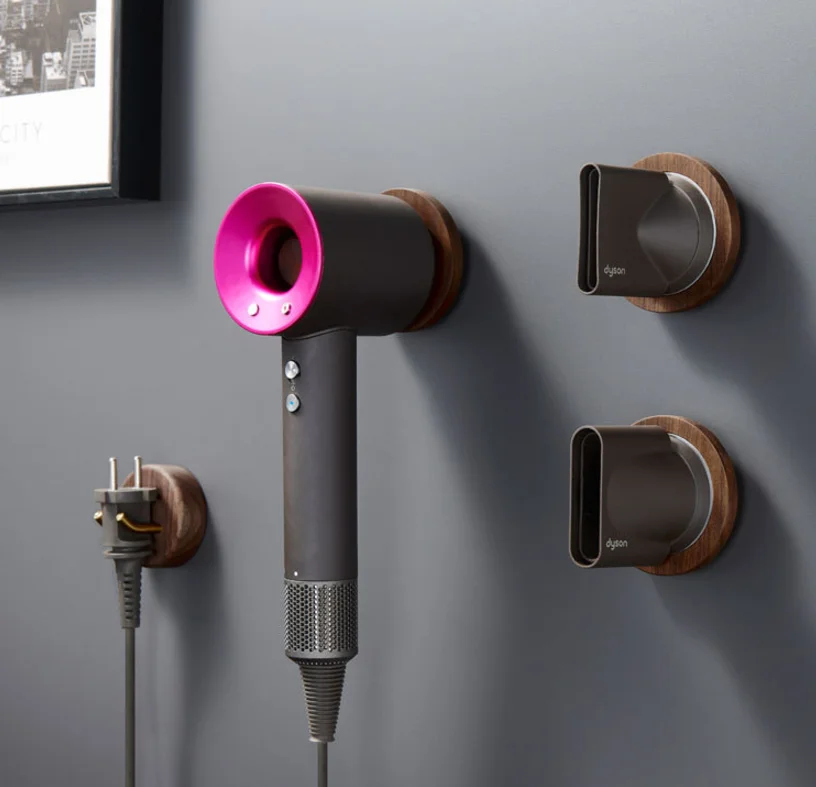 wood  hair dryer stand holder rack in bathroom for dyson