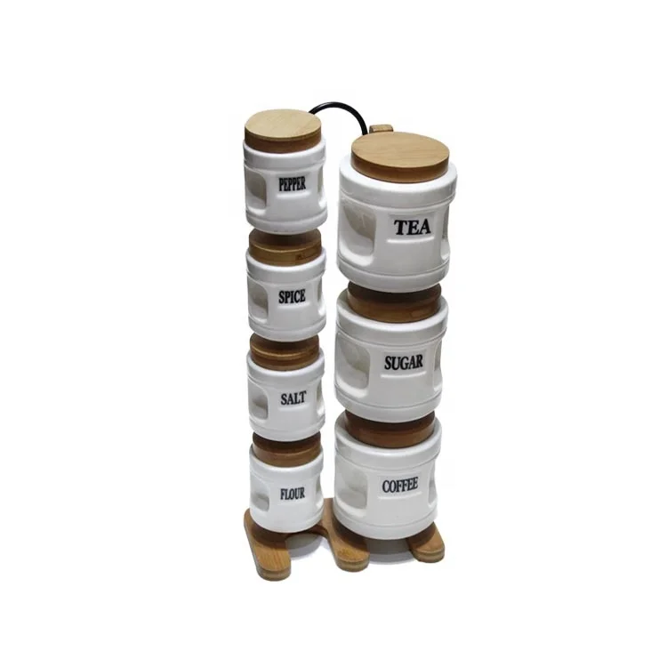 
Ceramic Food Storage Jar 7 Pcs Canister with Airtight Wooden Lid, Modern Food Canisters Loose Tea Coffee Sugar Spice caniste 