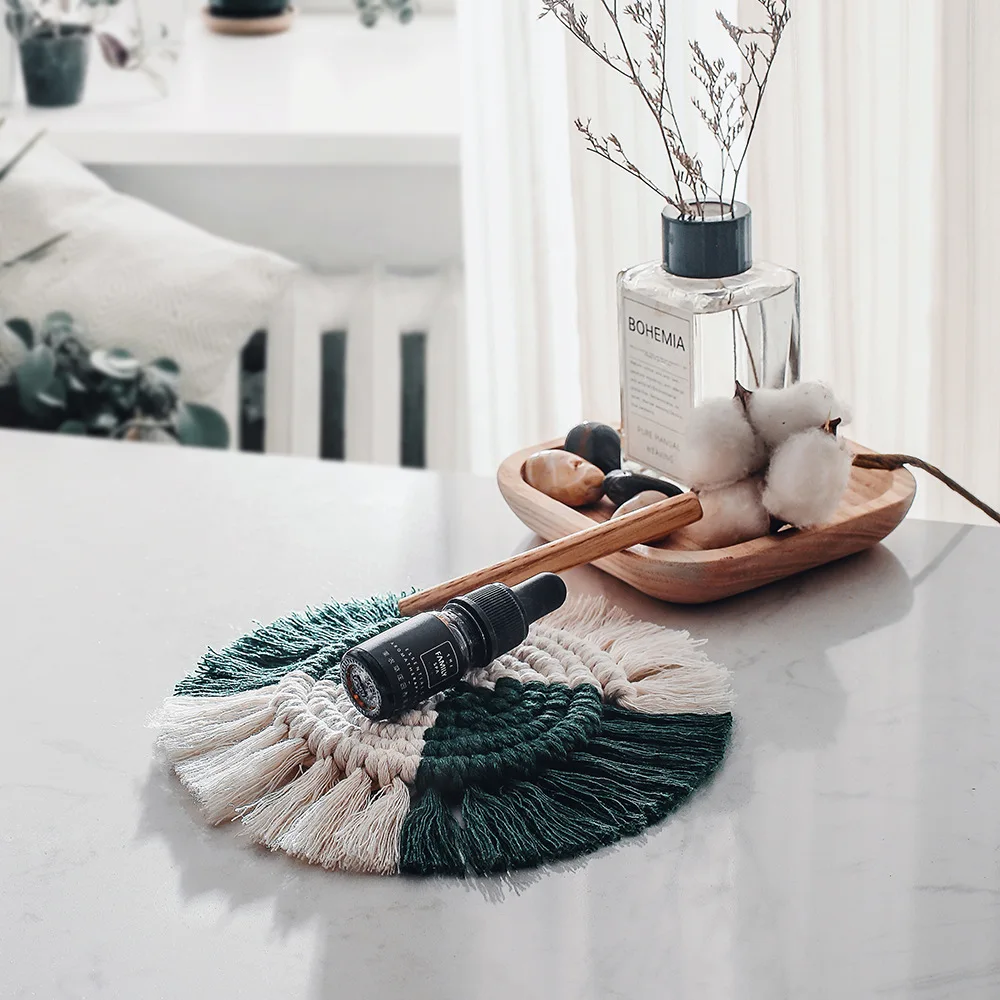 Boho nordic Indian Christmas luxury table decor wedding cotton woven tea coffee drink candle tassels macrame cup mat coaster