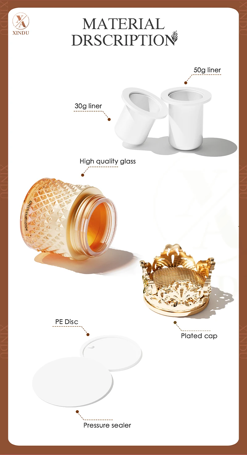 Wholesale Price Jar Glass Cream Cream Jar 30g 50g Luxury Skincare Packaging Antique Gold Crown Cap Glass Eye Cream Bottle