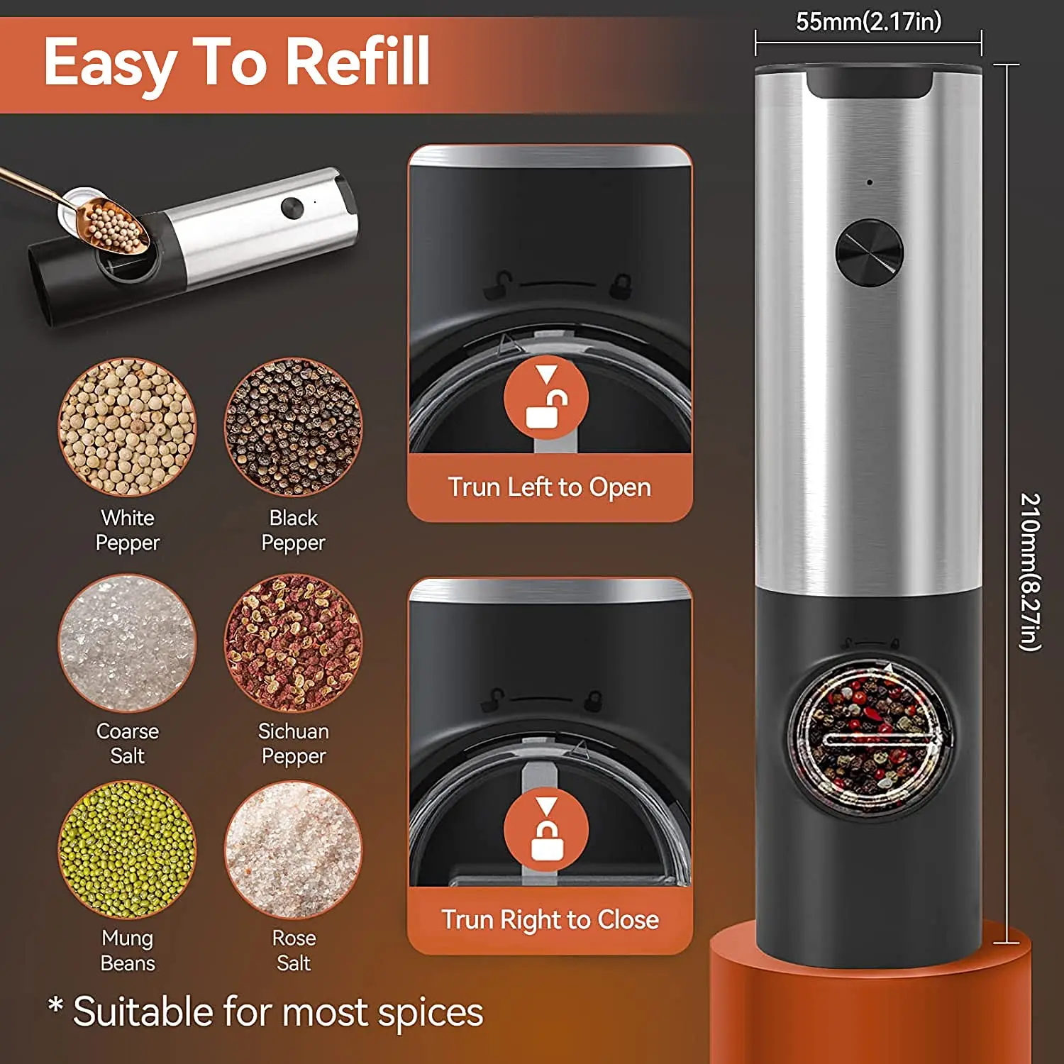 Stainless Steel Automatic Pepper Grinder  Electric Salt Grinder Pepper Mill Set Gravity Sensor Spice Grinders