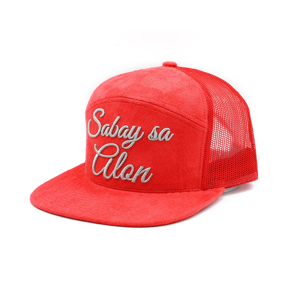 Custom 7 Panel Red Faux Suede Mesh Trucker Hats,3D Embroidery Retro Gorras Snapbacks,Private Label Snapback Caps