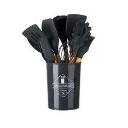 12 Pcs Heat Resistant Stand Accessories Silicone Wood Cooking Kitchen Utensil Set 11pcs With Kitchen Knifes For Camping Cooking