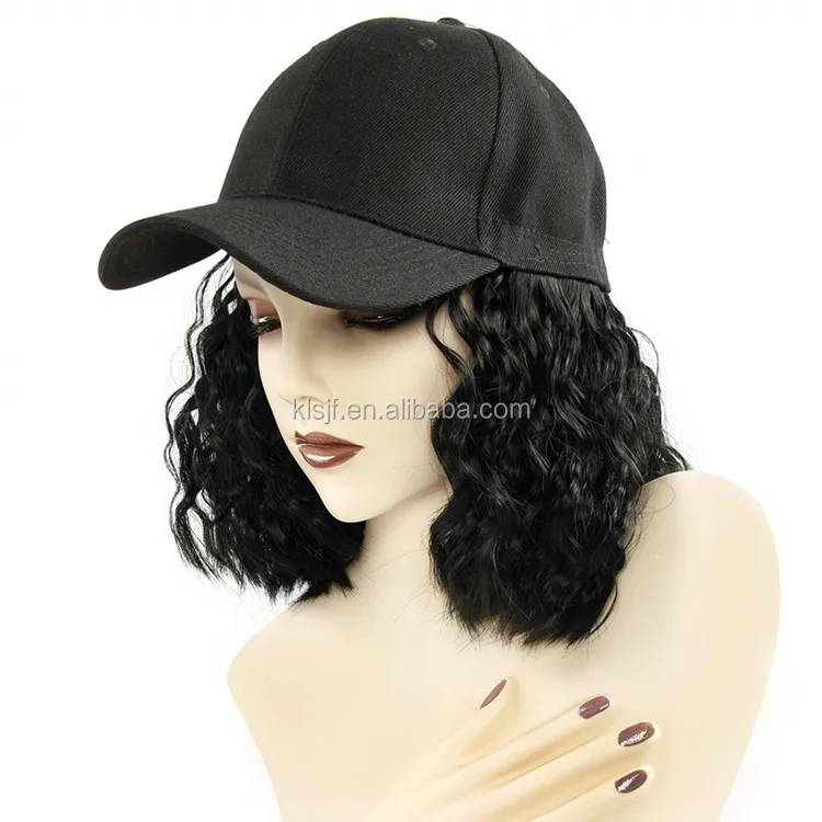 Baseball Hat Wig with Hair Extensions Short Curly Wavy Natural Bob Wig