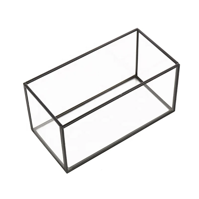 Factory Directly Sale Rectangular Geometric Copper Metal and Glass Terrarium Pot Vase for Indoor Air Plant Succulent Cactus