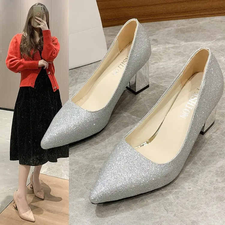 Women Big size Wedding shoes Sweet Noble Gold Silver Sequins Wedding Bridesmaid Chunky heels Fashion Leisure Shallow mouth Pumps