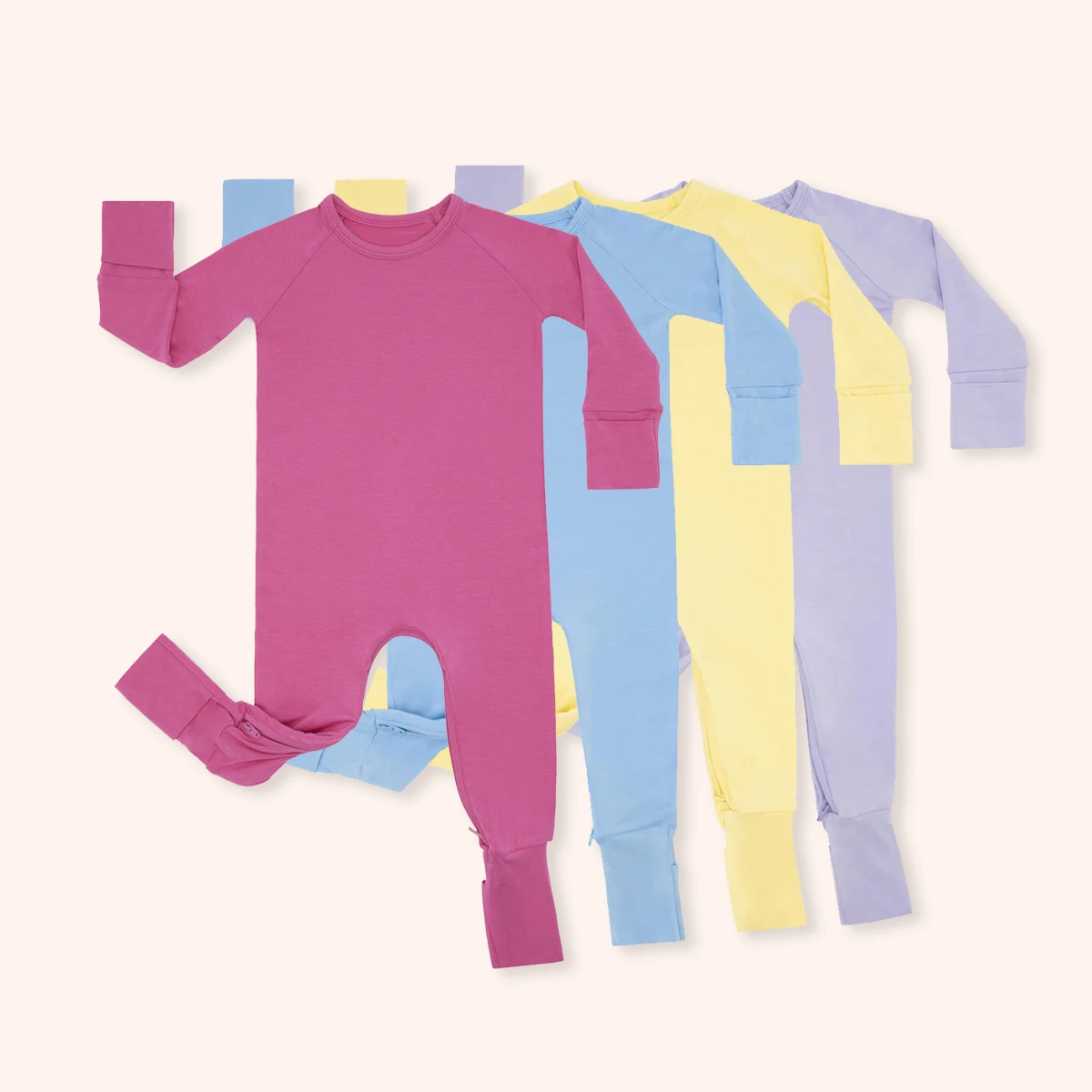 New Design Long Sleeve Wholesale Comfortable Bamboo Baby Pajamas Crescent Zipper Custom Solid Color Baby Rompers Bodysuit