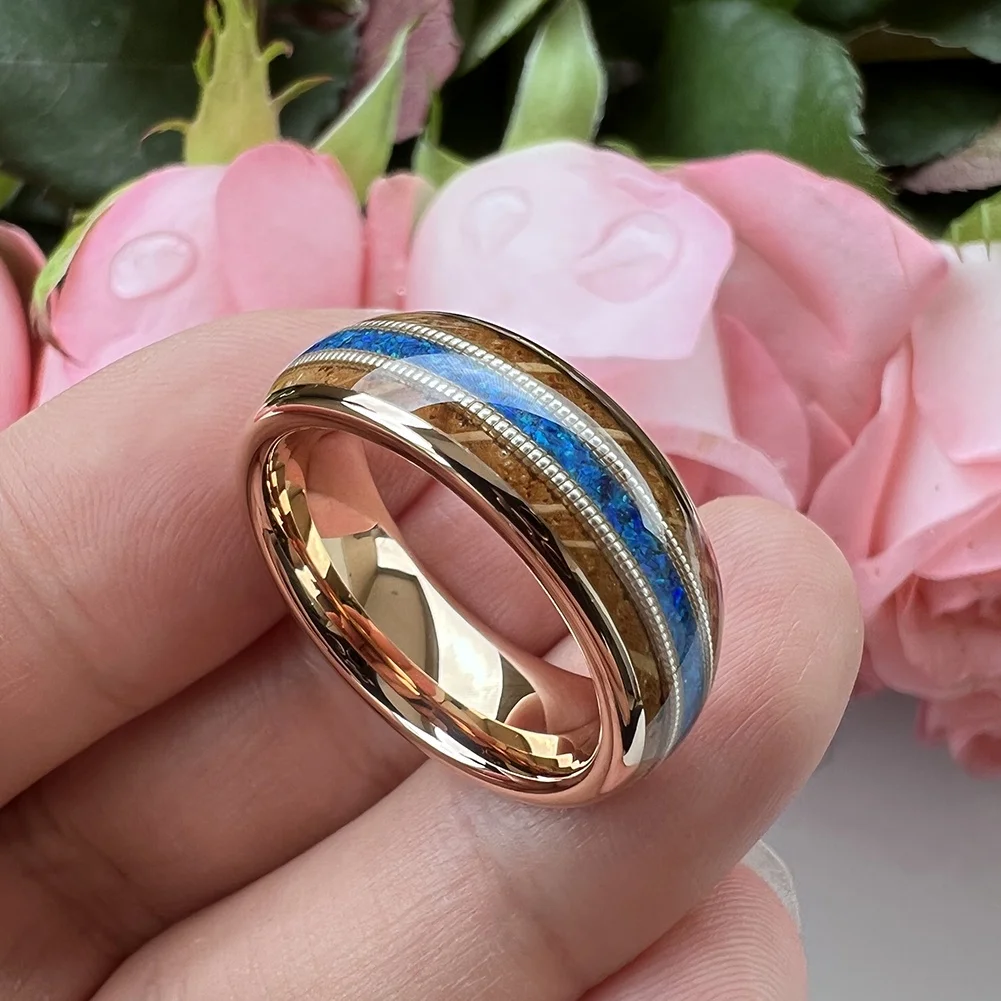 Coolstyle Jewelry 8mm Whisky Wood Guitar String Blue Opal Inlay Rose Gold Tungsten Ring for Men Women Engagement Wedding Band