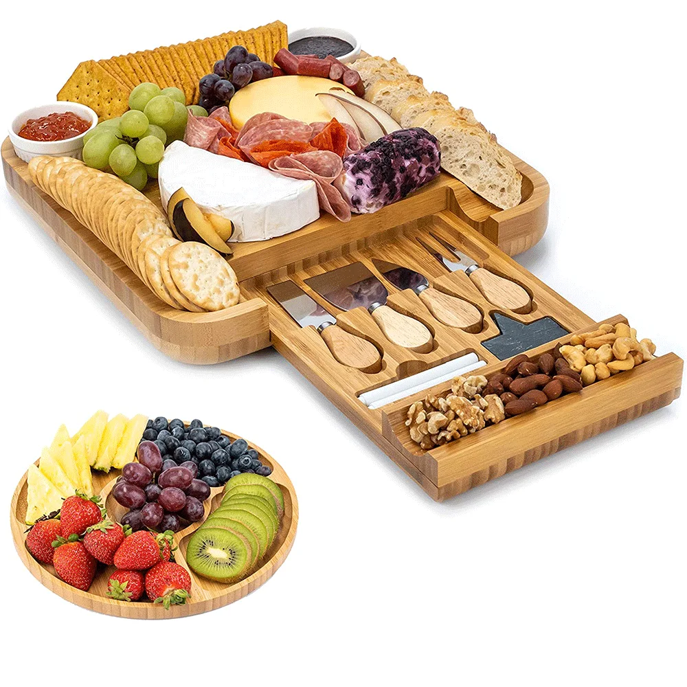 Bamboo Cheese Board Set Magnetic Slide-Out Drawers Charcuterie Plate Set With Ceramic Bowls And Cutlery Knife