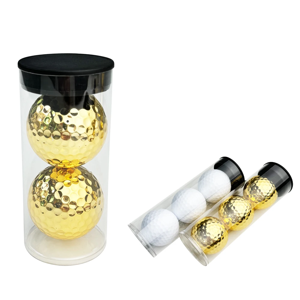 Exquisite PVC Drum Two Layer Golf Gold Electroplate Gift Balls Custom Sarin Synthetic Rubber Durable Golf Ball