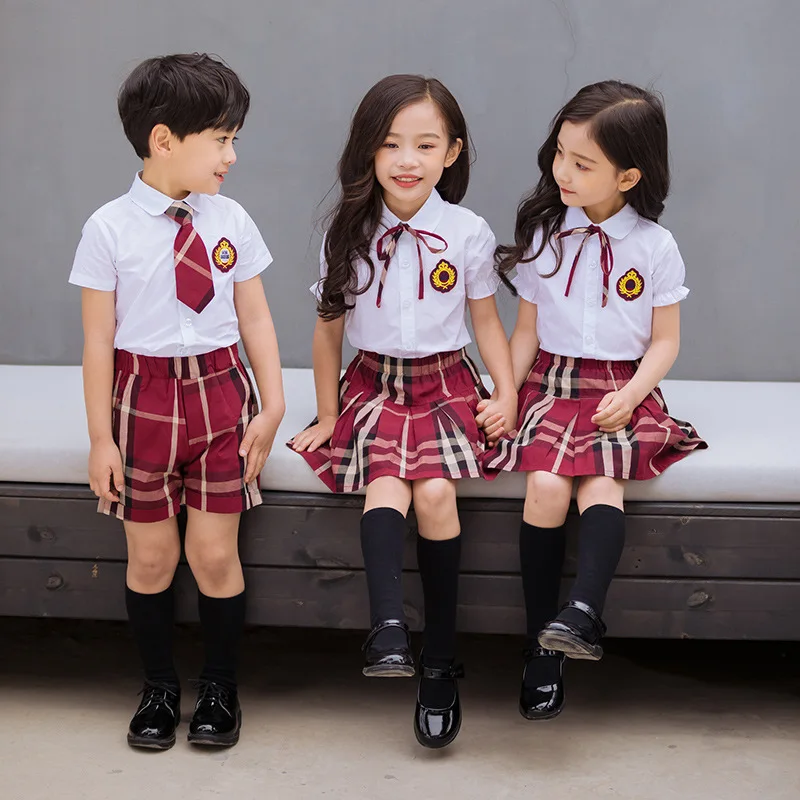 Primary School Uniform Custom Badge Kids Short Sleeve Lapel Shirt Matching Plaid Stripe Elastic Waist Girls Uniform Skirt Set