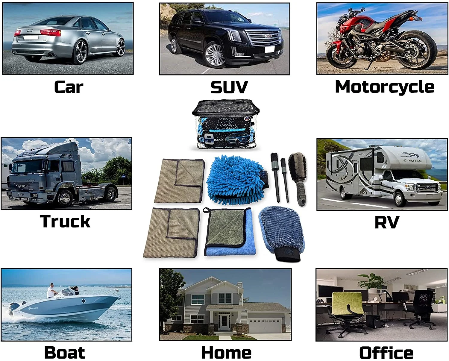 Premium Microfiber Car Wash Kit 8pcs Car Detailing Brush Set Chenille Mitt, Microfiber Towels, Wheel Brush