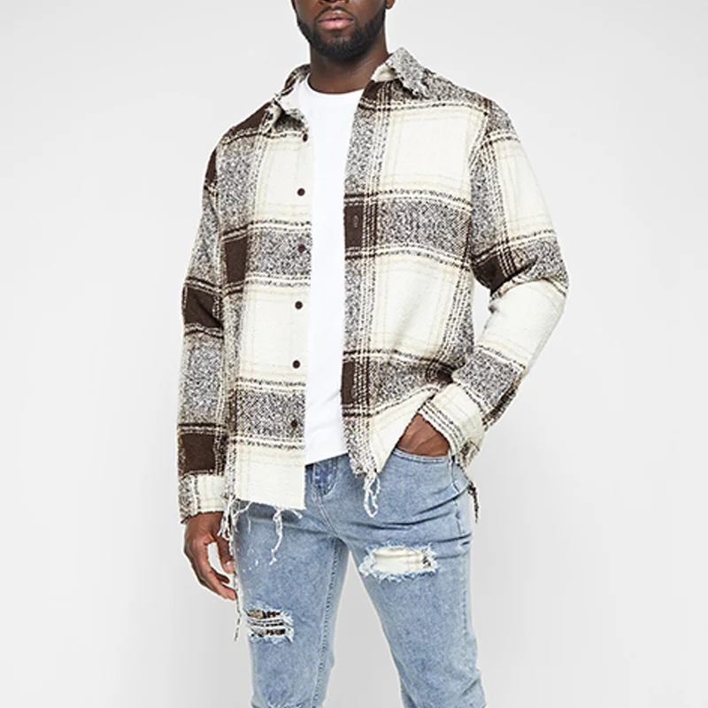 Custom Wholesale Beige Distressed Textured Check Flannel Shirts