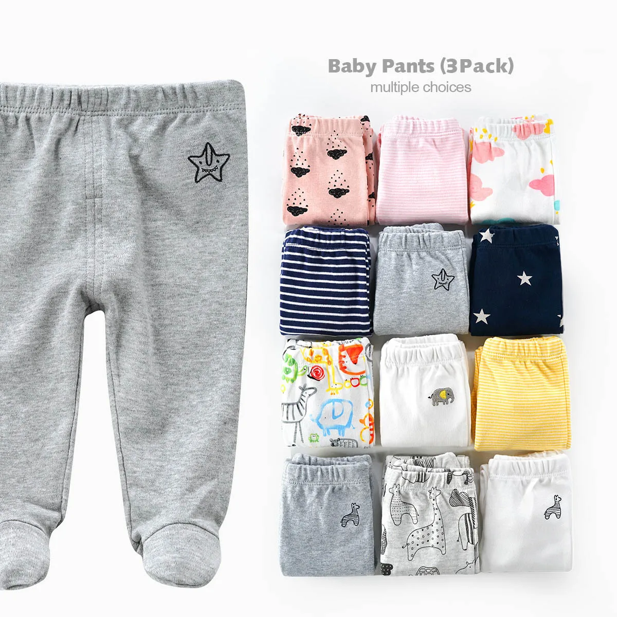 
Baby Cotton High Waist Footed Pants Casual Leggings for Newborns 3-pack 