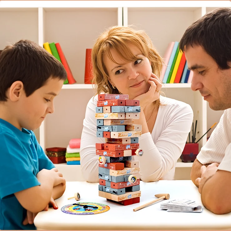 Factory New Design 49+40pcs Wooden Stacking Building Blocks Sets Tumbling Tower Toy Bricks  with Turntable and Game Idea