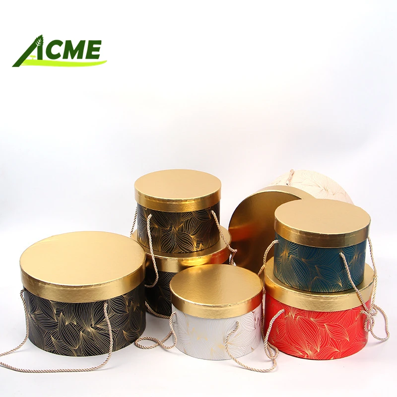 Wholesale custom stock supplier luxury round hot stamping pattern hard cardboard gift flower boxes for packaging