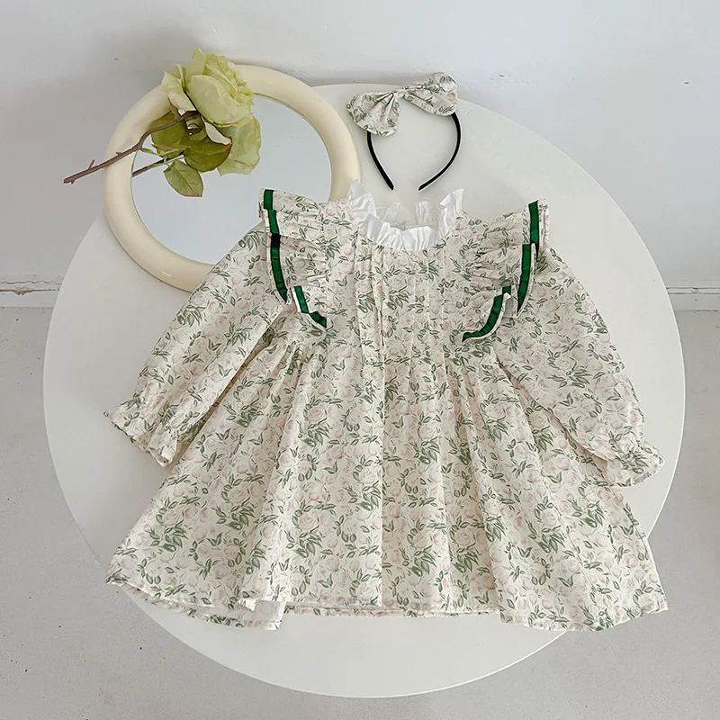 Girls dress Children clothing 2024 spring summer cotton Long Sleeve floral print Dress