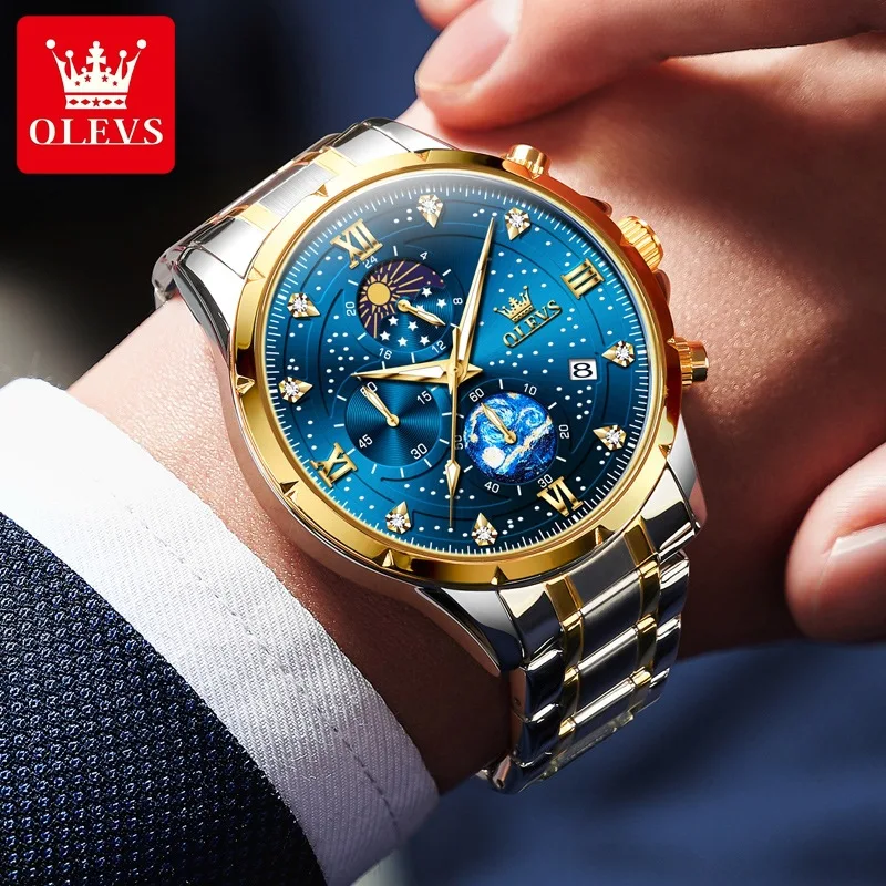 OLEVS 9807 special custom brand  gents quartz watch original Stainless steel band Luminous Chrono stars sun Casual hand watch