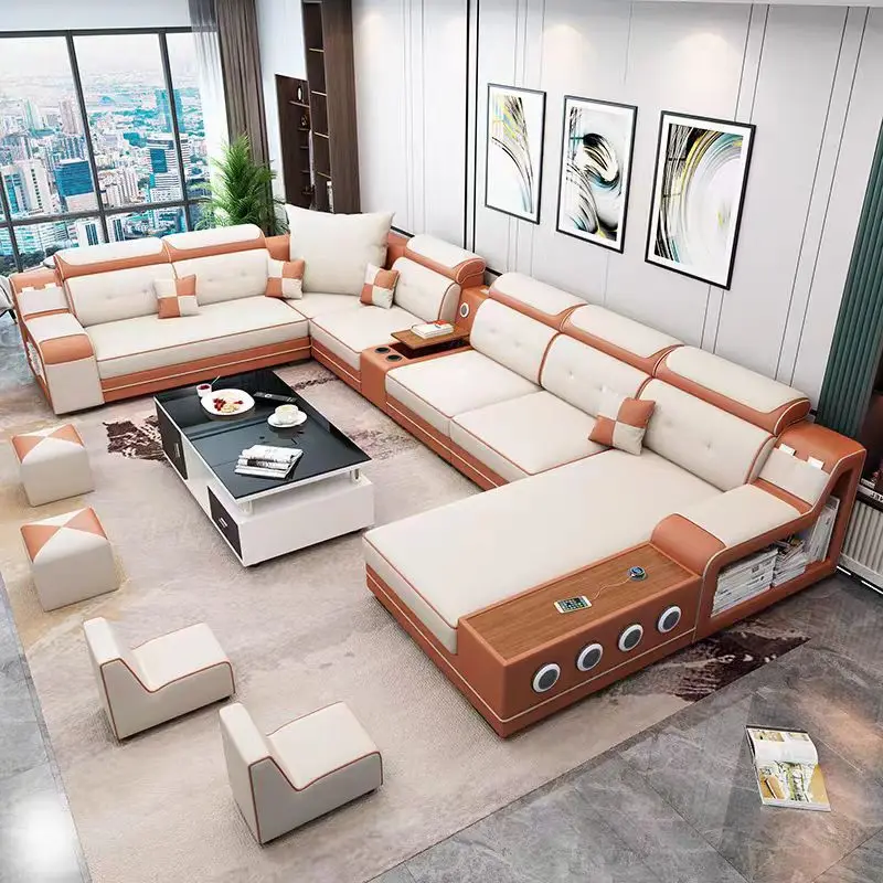 Living room sectional sofa furniture high quality PU leather modular 5 seat L shape modern sofa set with USB speaker recliner