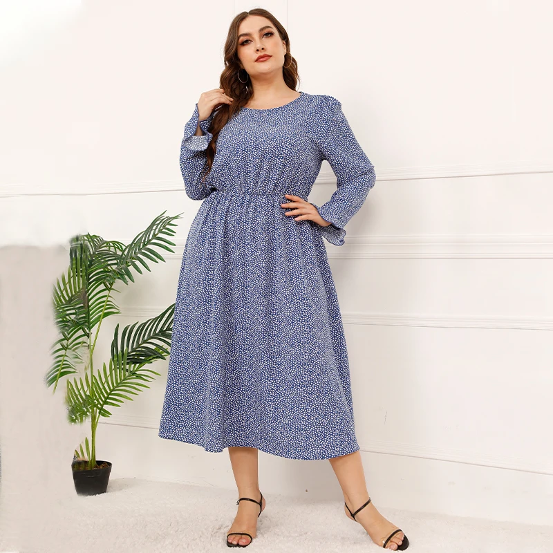 Clothing distributors cheapest casual dresses plus size women clothing Blue long sleeve floral print Large size skirts