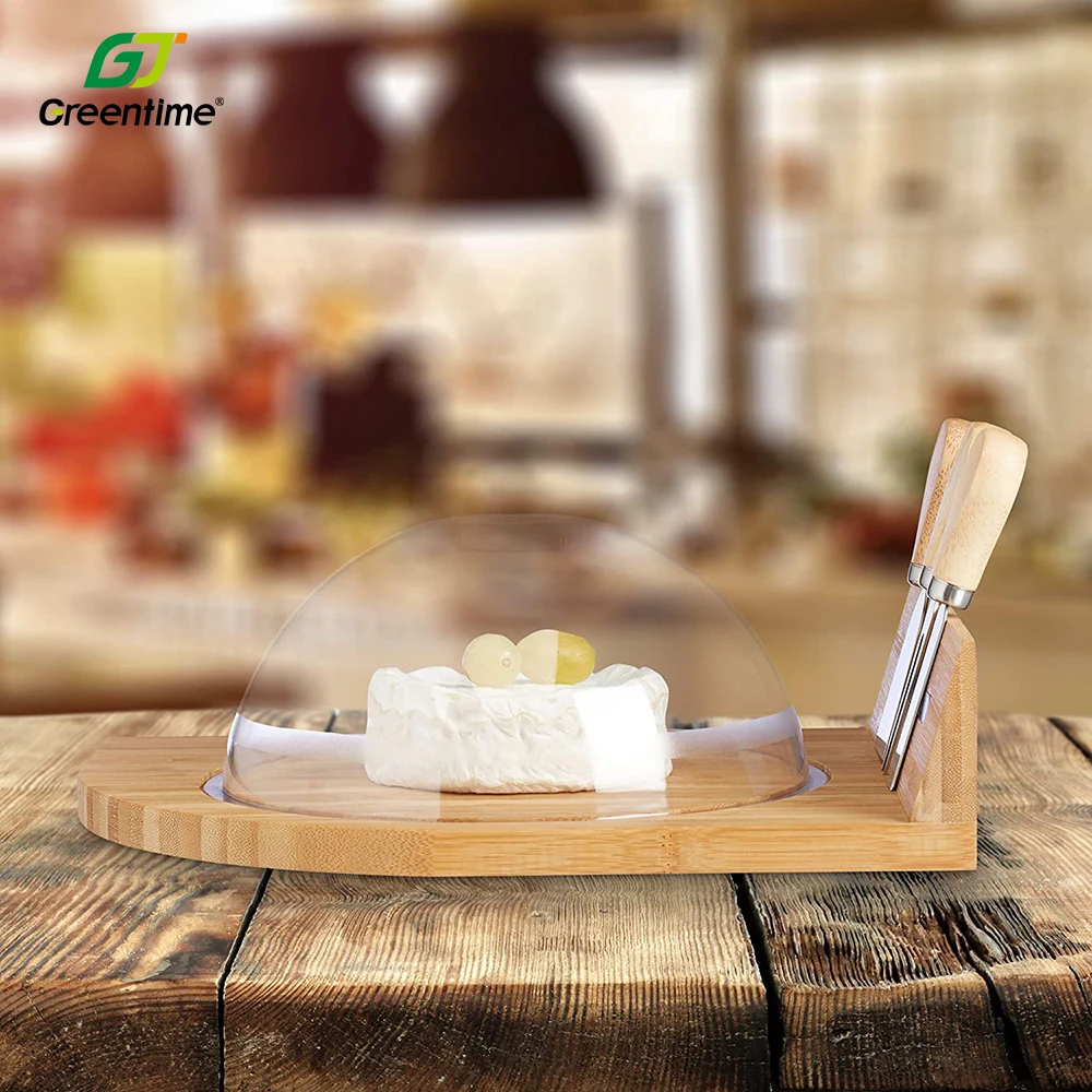 Butter Bread Plate Cutting Board Wooden Bamboo Cheese Board And Knife Set With Transparent Acrylic Lid