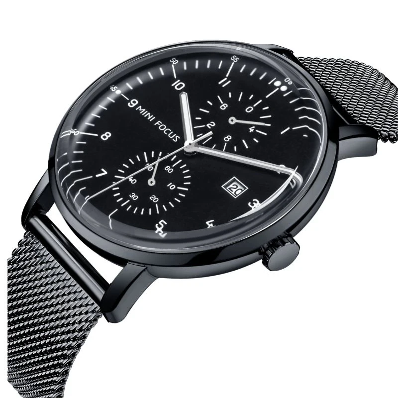 Mini focus curved glass  3ATM waterproof fashion gents quartz watches jam tangan all black mesh band mens wristwatch