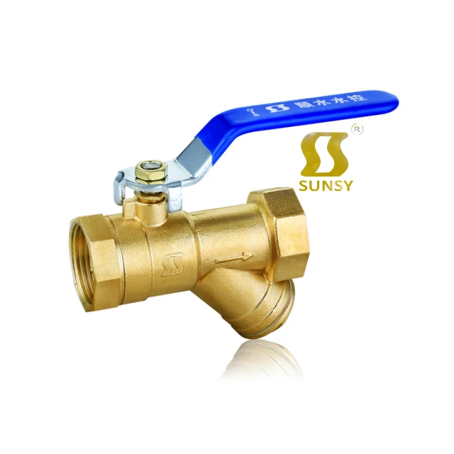 yuhuan shunshui factory BSP NPT 59-1forged male female long handle brass drain filter mesh ball valve y type strainer for water
