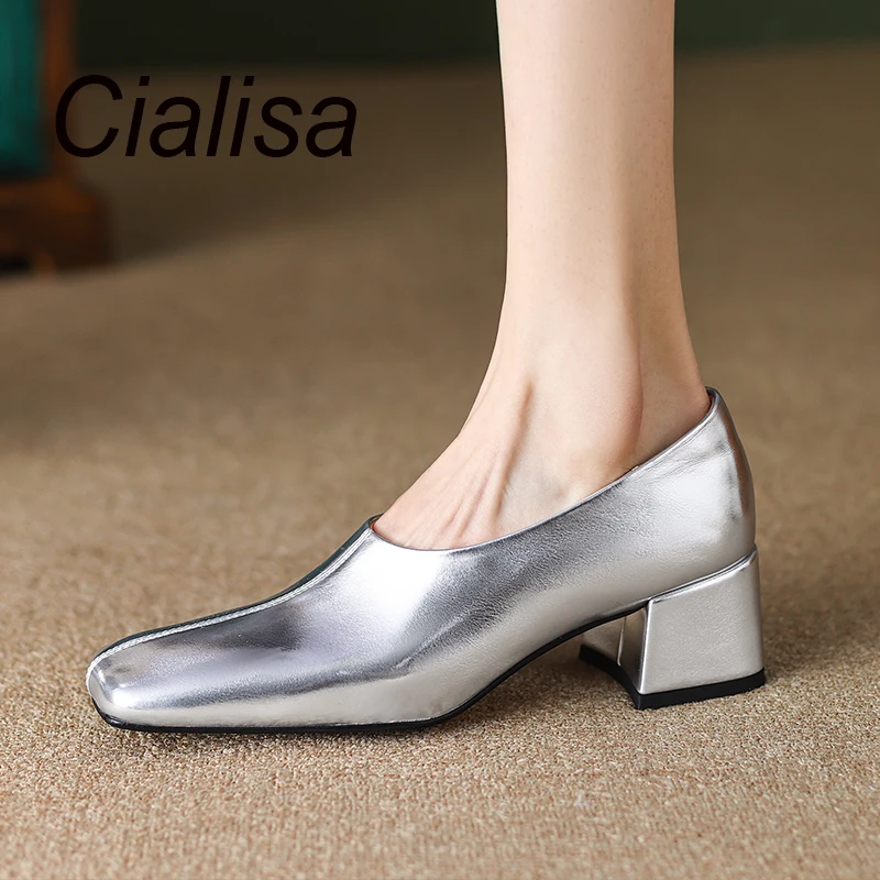 Cialisa новая модель 2023 года женские туфли из натуральной кожи золотого и серебряного цвета на высоком блочном каблуке 5 см женская обувь от китайского