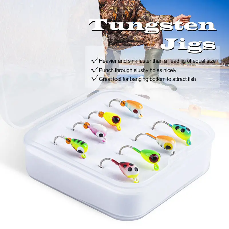 Wholesale Winter Fishing Small Colorful Lure Glowing Tungsten Raindrop Ice Jigs Head Set with Tackle Box