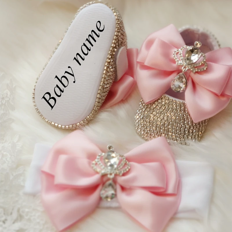 Dollbling Baroque Pink Rhinestones Baby Girl Shoes First Walker Headband Set Sparkle Crystals Princess Shower
