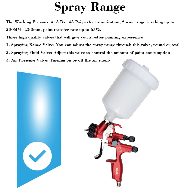 Voylet LS20 Professional Auto Body Paint Sprayer 1.3mm Fluid Tip 600ml Pot Automotive Air HVLP Pneumatic Power Source Pressure